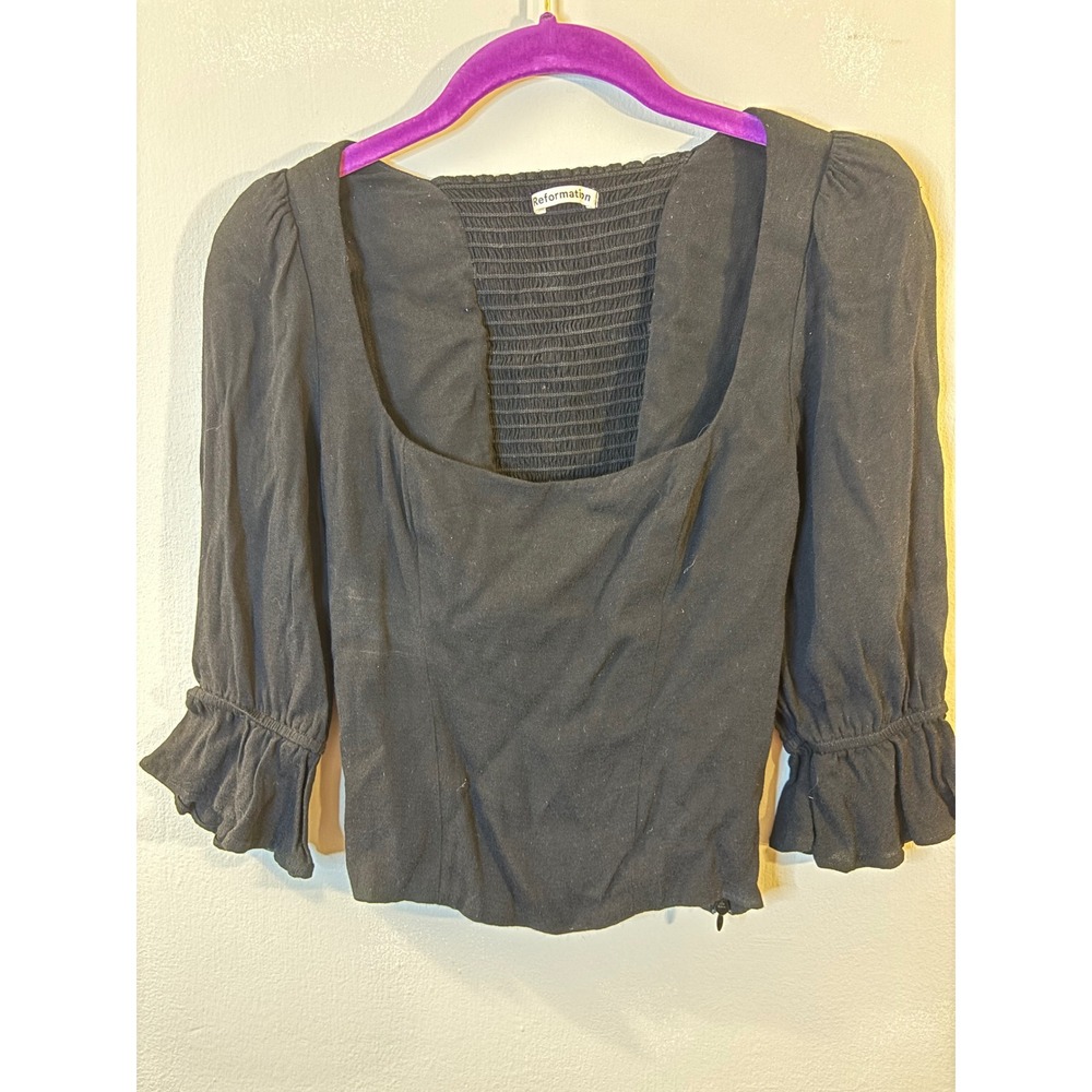 Reformation Black Square Neck Puf Sleeve Blouse 2